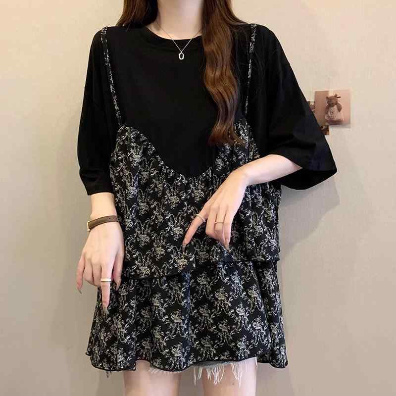 Tシャツ レディース 大きいサイズ 半袖 切り替え 花柄 ラウンドネック チュニック丈 接触冷感 吸湿速乾 ゆったり 体型カバー 黒 白 春夏