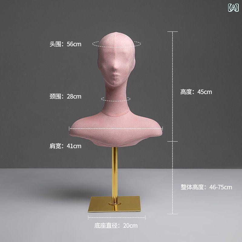 シャドーテールのマネキン レディース ウィッグ対応 帽子かけ アクセサリー展示 陳列用 肩付き トルソー ヘッド 撮影用 ピンク系 鹿の子素材｜アングル2