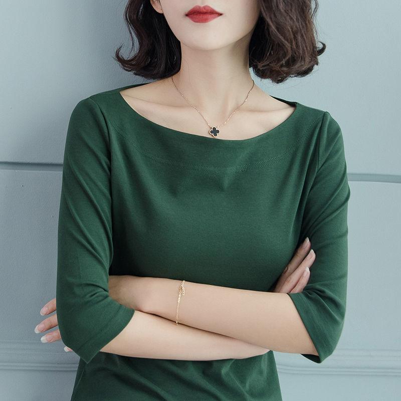 Tシャツ レディース 一文字ネック 五分袖 トップス カットソー スリムフィット 無地 綿 紺色 ワインレッド エメラルドグリーン 白 黒 M L XL 2XL 3XL