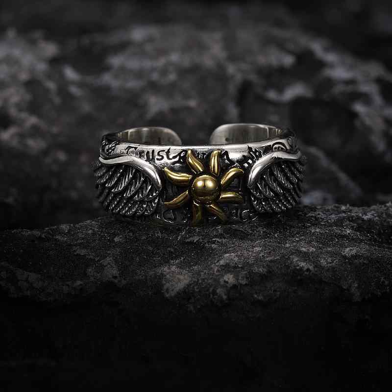 指輪 メンズ s925 シルバー フェザー 太陽花 レトロ 調節可能 電気メッキ加工 男女兼用