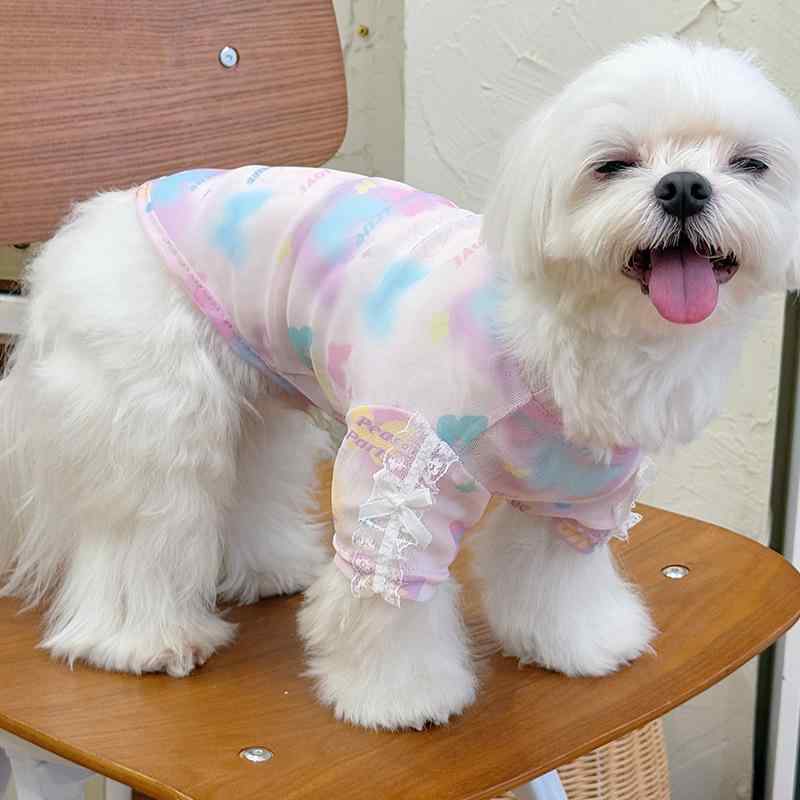 ペット服 レディース ピンク系 蝶柄 レース かわいい 半袖 通気性 薄手 メッシュ ポリエステル XS S M ..