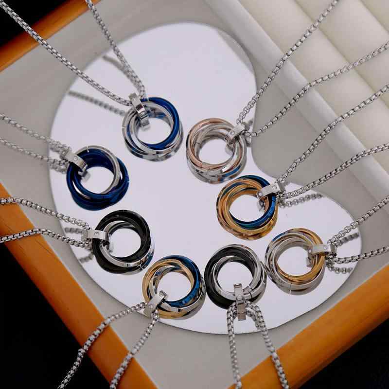 ネックレス メンズ チタン鋼 三連リング ペンダント 幾何学模様 ジェンダーレス アクセサリー ヒップホップ風 青 黒 金 銀