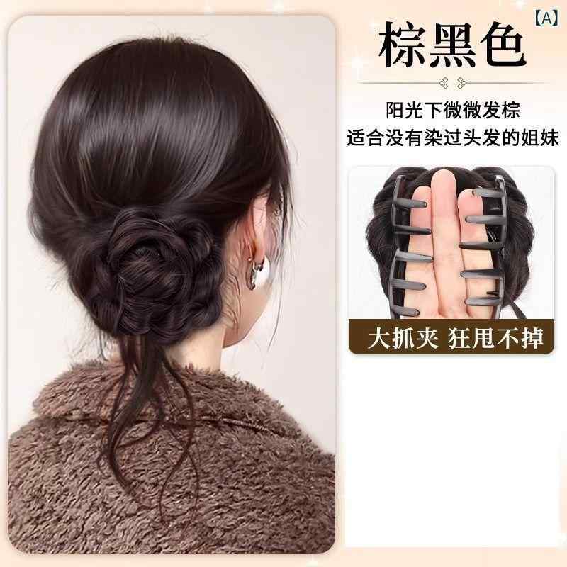 シャドーテールのヘアアクセサリー レディース お団子ウィッグ シュシュ 付け毛 まとめ髪 アップスタイル 髪飾り 部分ウィッグ ポイントウィッグ ブラウン ブラック ダークブラウン｜アングル2
