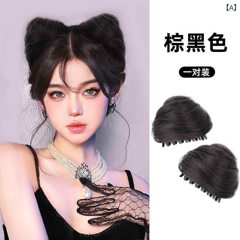 シャドーテールのヘアアクセサリー レディース 猫耳 ウィッグ お団子 かわいい Y2K コスプレ 髪飾り ヘアアレンジ ブラウン ブラック｜アングル2