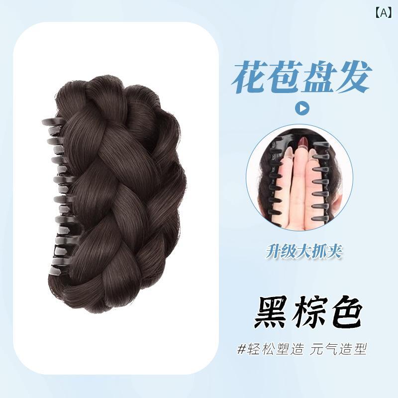 ヘアアクセサリー レディース 千金スタイル 麻花お団子 ウィッグ シュシュ式 黒 ブ...