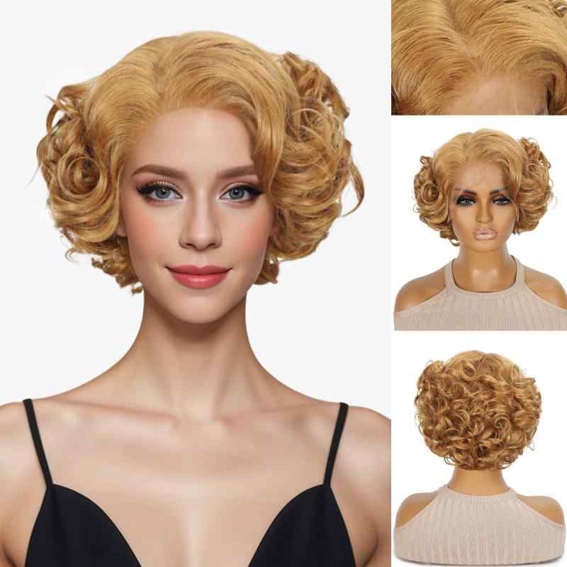 ウィッグ レディース ファッションウィッグ ショート ボリューム カール 斜め前髪 T型 レース 高温耐熱