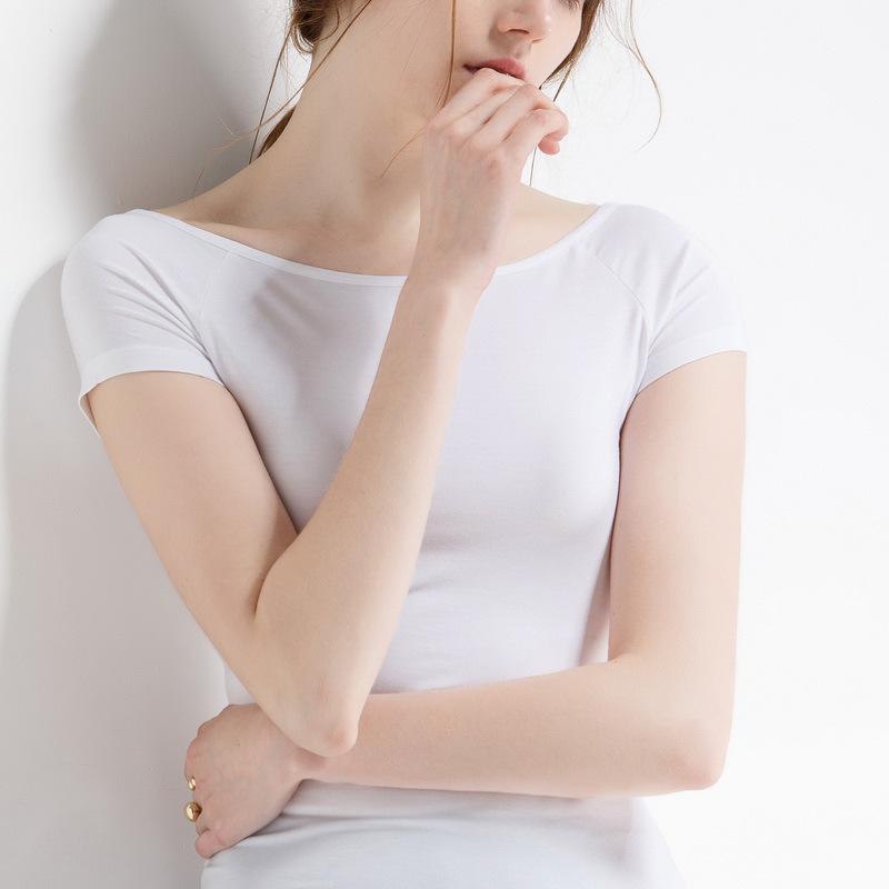 Tシャツ レディース 一字襟 モダール 無地 半袖 スリムフィット トップス 接触冷感 吸湿速乾 ストレッチ 切り替え カジュアル 通勤 花灰 白色 紺色 赤色 S M L XL 2XL
