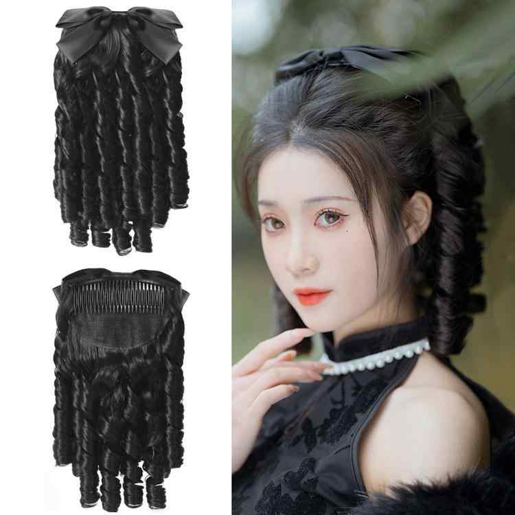 ヘアピース レディース 馬尾 ポイントウィッグ 和風 髪飾り リボン カーリー ロール 高温耐熱 人毛に近い 付け毛 つけ毛 黒髪 茶髪