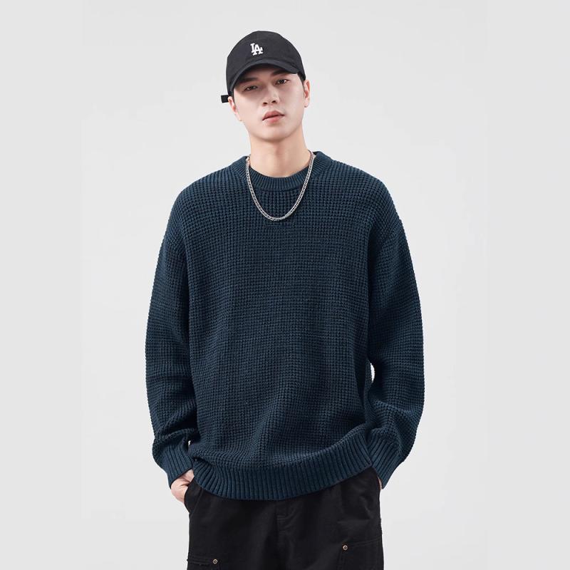 ニット メンズ ニットセーター 長袖 丸首 コットン混紡 ゆったり 大きめサイズ レトロ 韓国風 秋冬 油墨兰 花棕 花灰 銀杏