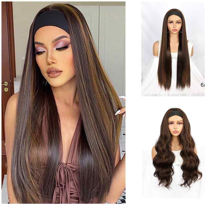 ヘアアクセサリー レディース ウィッグ 黒髪 ヘアバンド ロング ストレート カール ウェーブ スカーフ付き ファッションウィッグ おしゃれ 高温耐熱