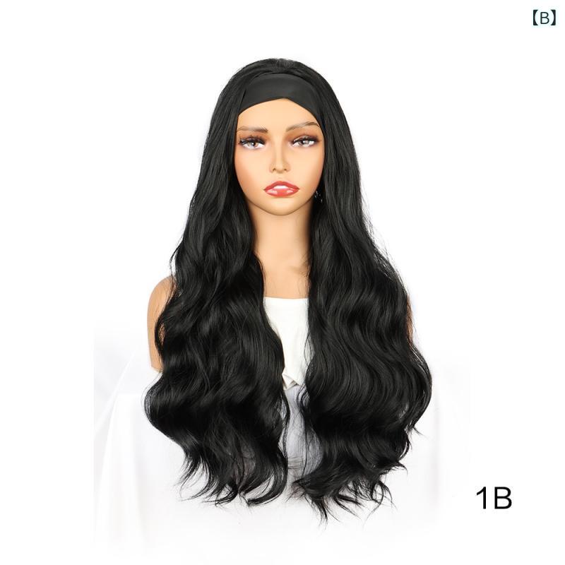 シャドーテールのヘアアクセサリー レディース ウィッグ 黒髪 ヘアバンド ロング ストレート カール ウェーブ スカーフ付き ファッションウィッグ おしゃれ 高温耐熱｜アングル3