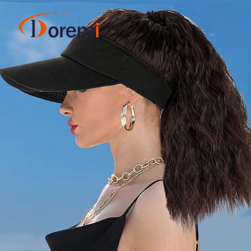 帽子 レディース ウィッグ付き サンバイザー 麦わら帽子風 ブラック 通気性 軽量 高温耐熱ファイバー ..