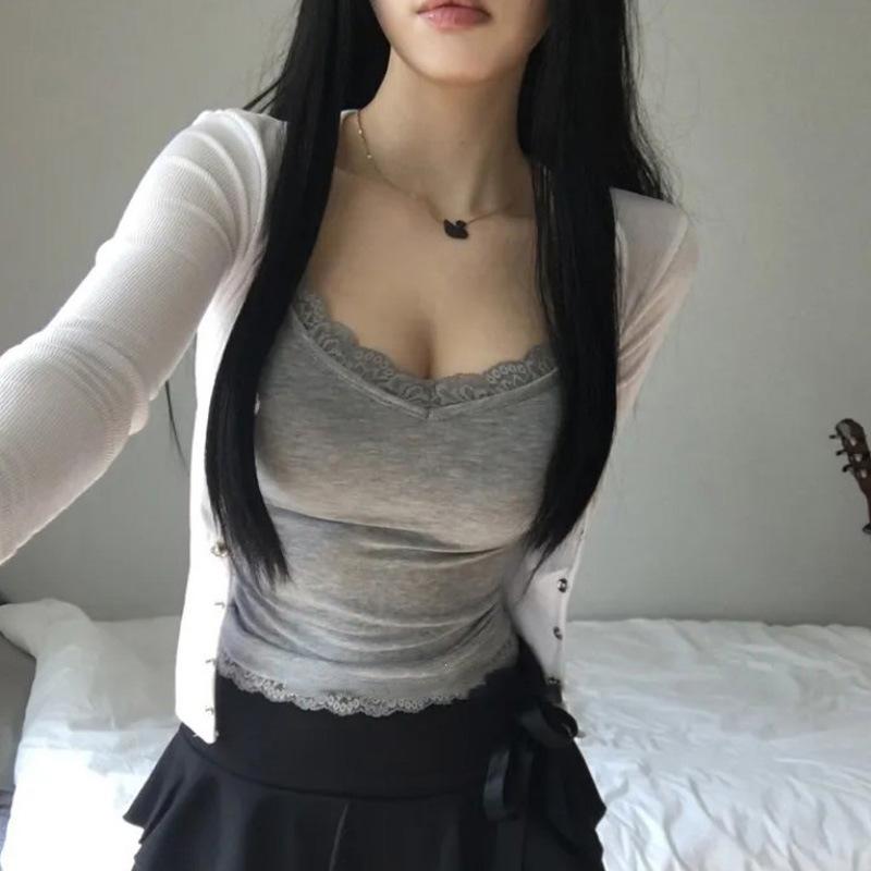 タンクトップ レディース 春夏 レース ニット スリム Uネック ノースリーブ トップス 白 黒 グレー