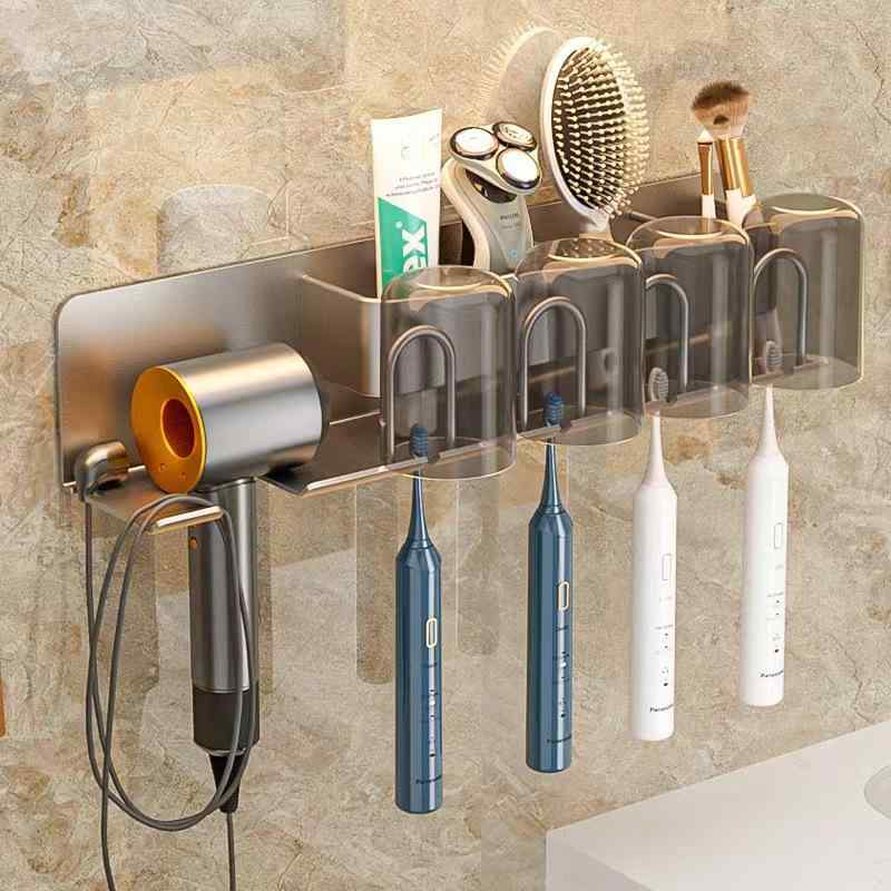 洗面所収納 歯ブラシスタンド 壁掛け式 歯ブラシホルダー コップホルダー ドライヤーホルダー アルミ合..