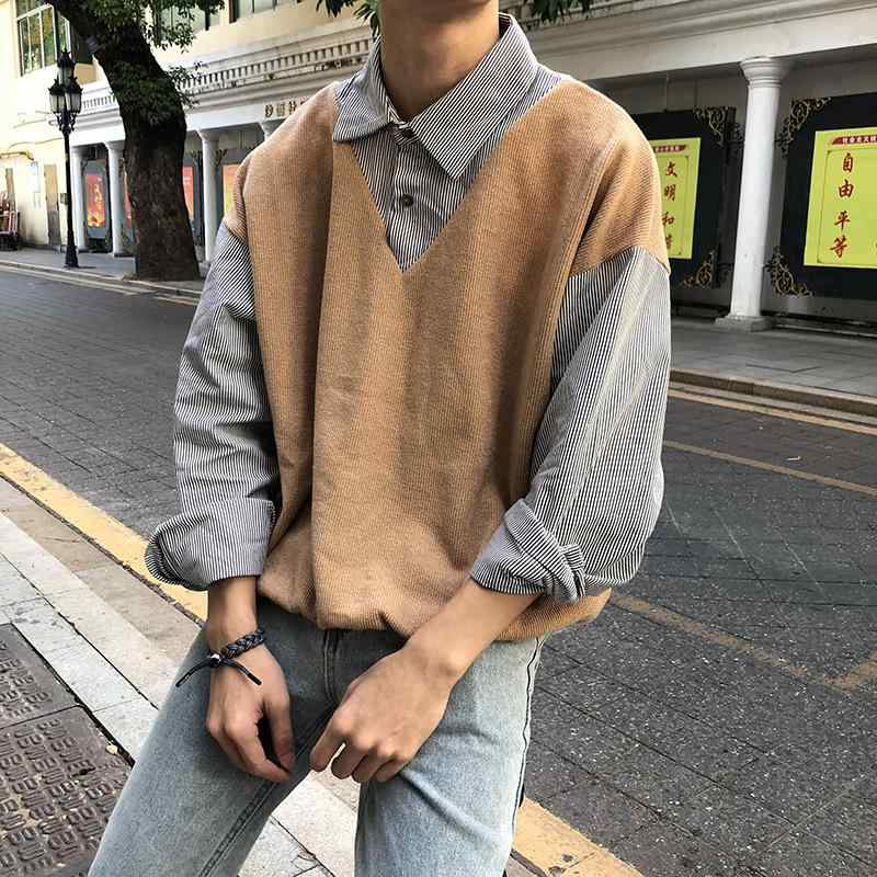 ニット メンズ フェイクレイヤード風 トップス シャツ襟付き 薄手 韓国風 スクール 学生 配色 秋 カジュアル 白 ホワイト ベージュ グレー