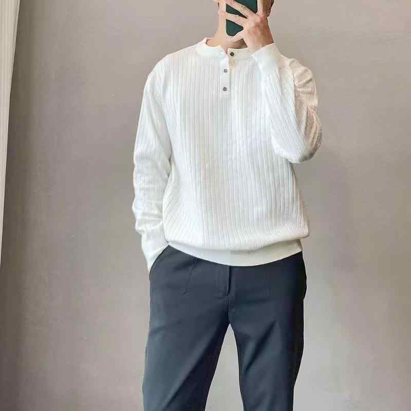Knit Sweater - ニット メンズ ヘンリーネック 長袖 プルオーバー 秋冬 暖かい ポリエステル混紡 ゆったり カジュアル トップス 黒 白 緑