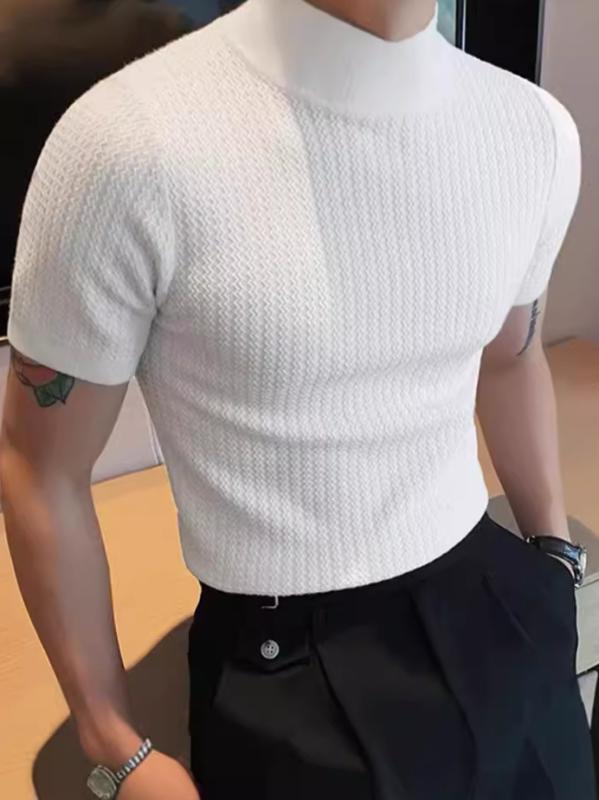 ニット メンズ 半袖 プルオーバー 無地 ハーフハイネック トップス ポリエステル 細身 伸縮性 普段使い 黒 白
