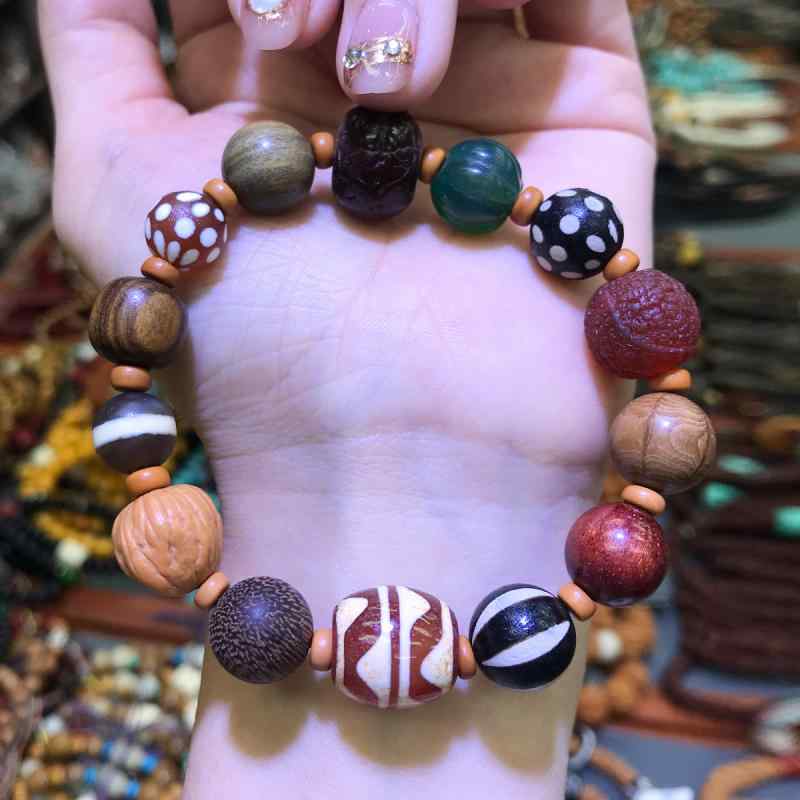 ブレスレット 男女兼用 瑪瑙 檀木 ガラス 核桃 多宝 民族風 文芸 复古 ハンドメイド アクセサリー
