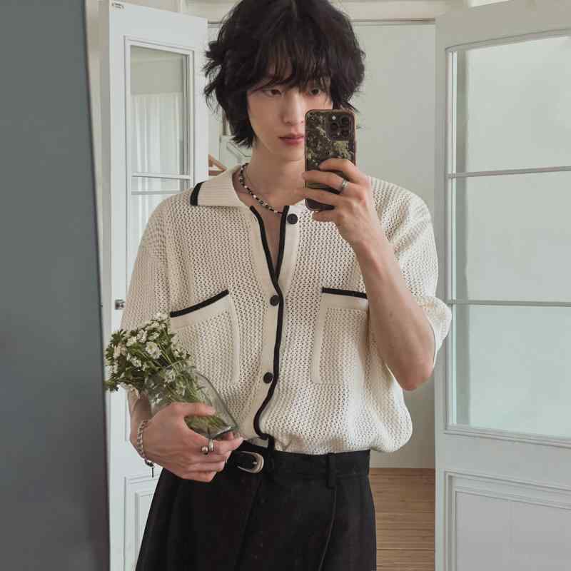 ニット メンズ 半袖 カーディガン サマーニット ルーズフィット コットン 翻領 通気性 韓国風 カジュア..