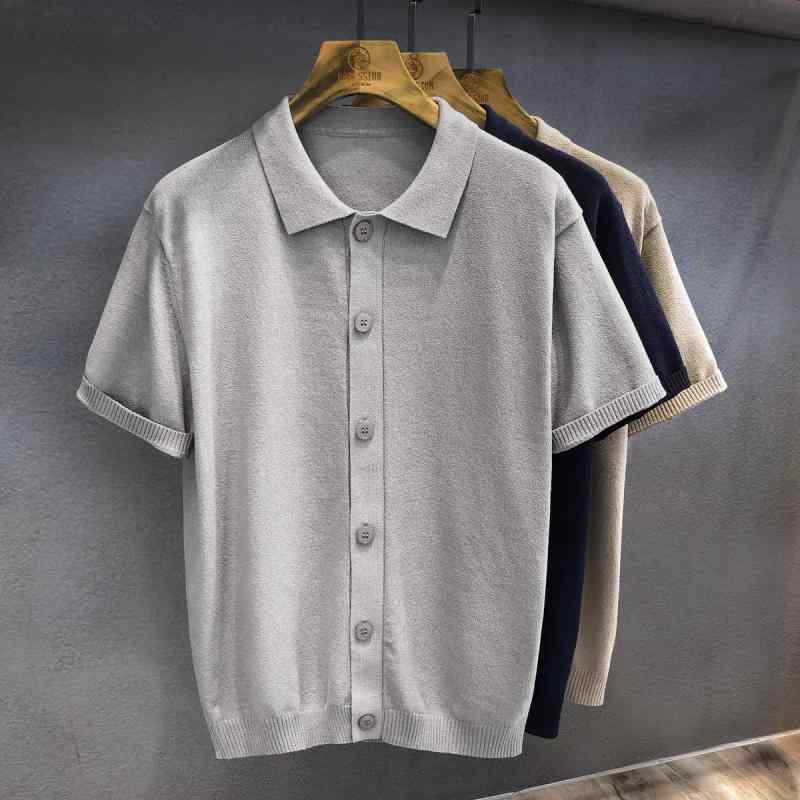 ニットカーディガン メンズ 半袖ポロシャツ リブ 襟付き ポリエステル 薄手 接触冷感 通気性 カットソー サマーニット トップス 普段使い 韓国ファッション
