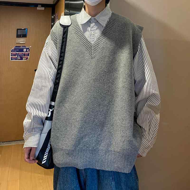 ニットベスト メンズ Vネック セーター ベスト ゆったり 韓国風 グレー ブラック ダークグレー 秋冬 リラックス 普段使い