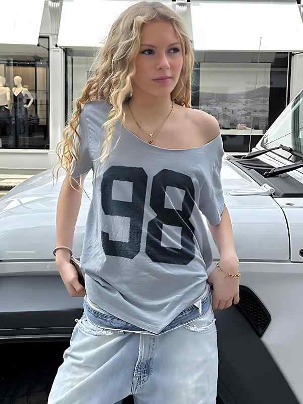 Tシャツ レディース 半袖 ストリート カジュアル 2way 接触冷感 ポリエステル ゆったり トップス Vネック クルーネック 丸首 プリント ..