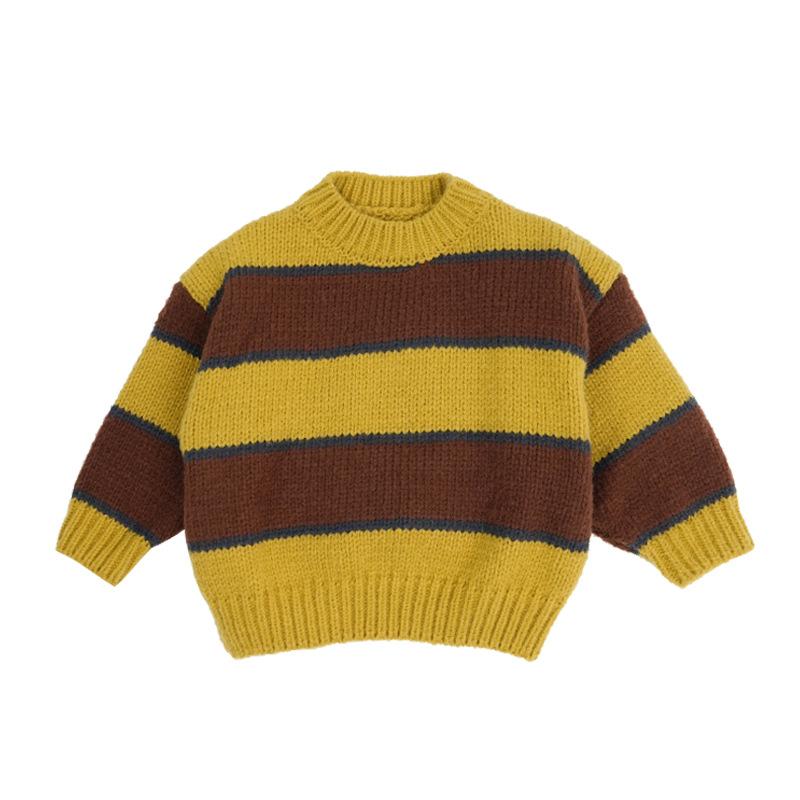ニット・セーター キッズ 子供用 男女兼用 秋冬 ストライプ柄 粗 вязаный 長袖トップス 柔らかい 暖かい クルーネック 普段着 おしゃれ着 グレー系 イエロー系 ネイビー系