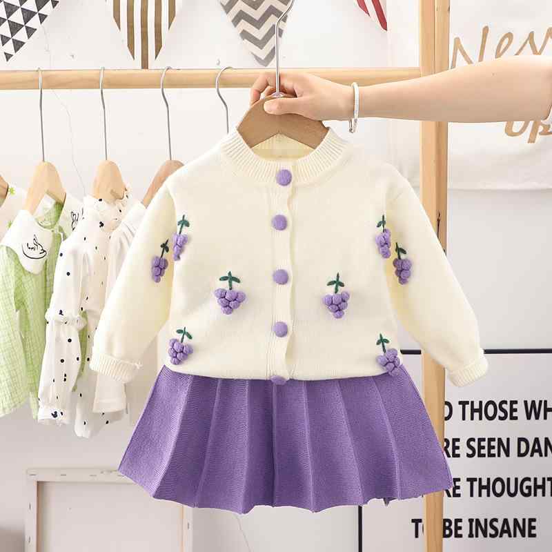 ニット セットアップ ガールズ 秋物 子供服 長袖 カーディガン ミニスカート かわいい かぎ針編み 花柄 Vネック あったか 女の子 キッズ 90 100 110 120 130cm
