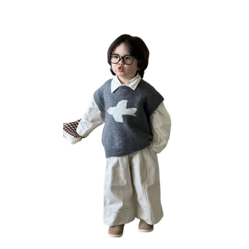Sweater - ニットベスト キッズ 男女兼用 子供服 セーター レトロ アクリル 灰色 春秋 動物柄 普段着 通園 通学 90 100 110 120 130 140cm