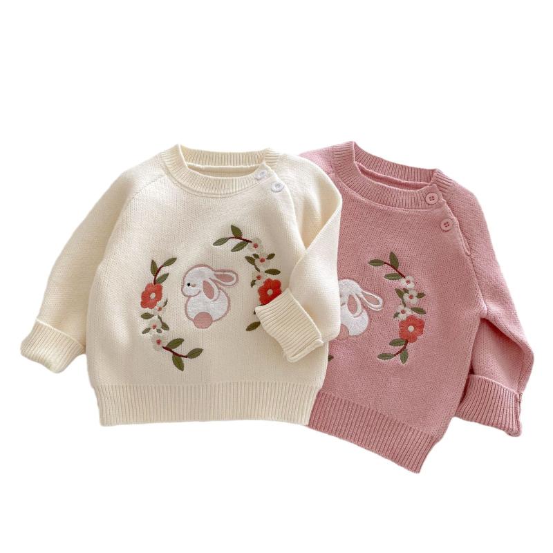 乐天商城 - 子供服 ニット 女の子 刺繍 セーター 0歳 1歳 2歳 3歳 4歳 5歳 韓国子供服 ニット トップス 長袖 丸首 幼児 女児 かわいい おしゃれ 秋服 秋冬 米白色 ピンク系