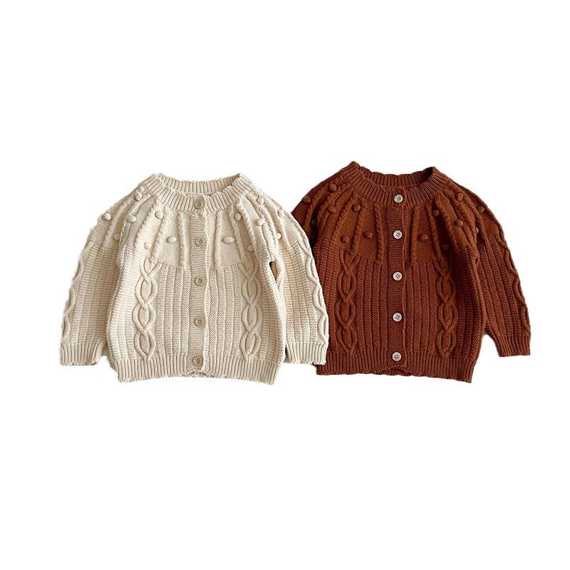 ベビー カーディガン 春秋 ニット 長袖 男女兼用 綿100% 丸首 ドット柄 杏色 コーヒー色 ベビー服 トップス