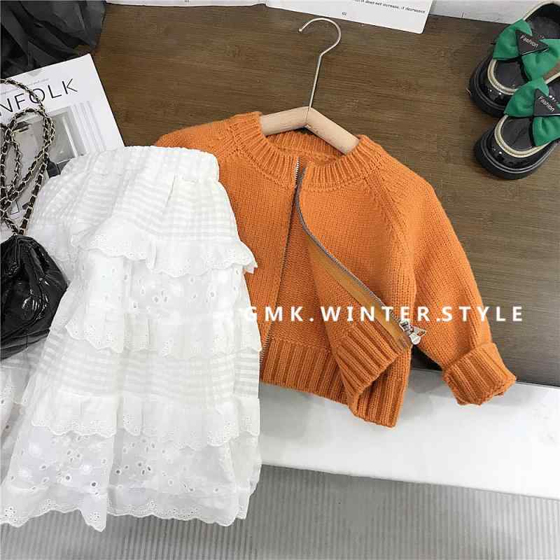 子供服 ニット カーディガン 女の子 南瓜色 ケーブルニット 長袖 ショート丈 ラウンドネック 春秋 厚手..