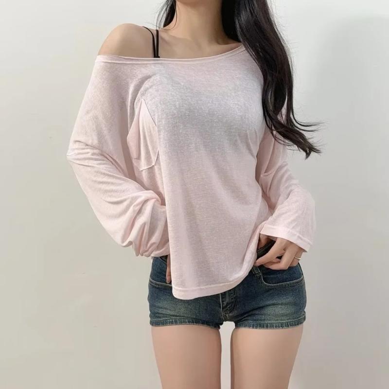 Tシャツ レディース 長袖 肩出し ゆったり スリムフィット 羽織り 紫外線対策 ブラック ホワイト グレー ピンク系