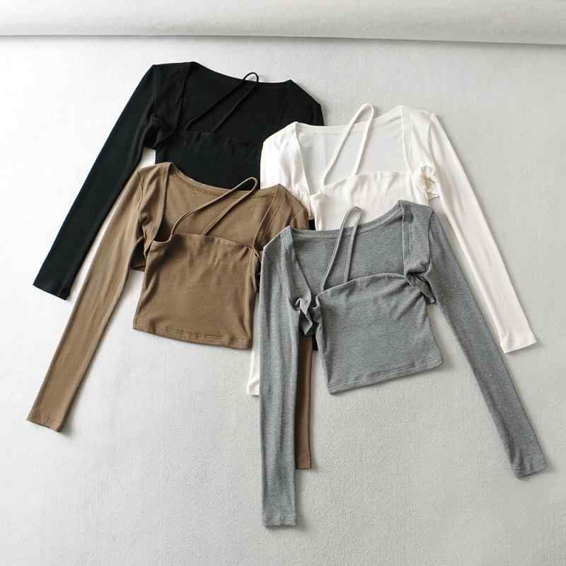 Tシャツ レディース 早秋 長袖 トップス ニット カットソー 無地 スリムフィット ショート丈 スクエアネック 肩出し 黒 白 緑 灰色 綿 伸縮性