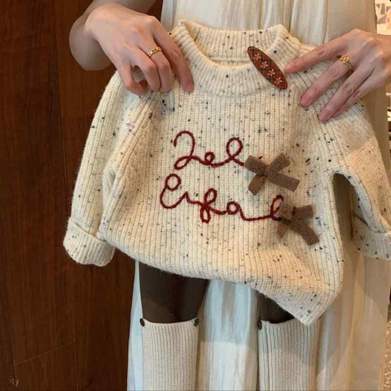 ニット・セーター ガールズ キッズ 蝶結び 長袖 トップス 秋冬 厚手 ニット 韓国風 子供服 普段着 杏色
