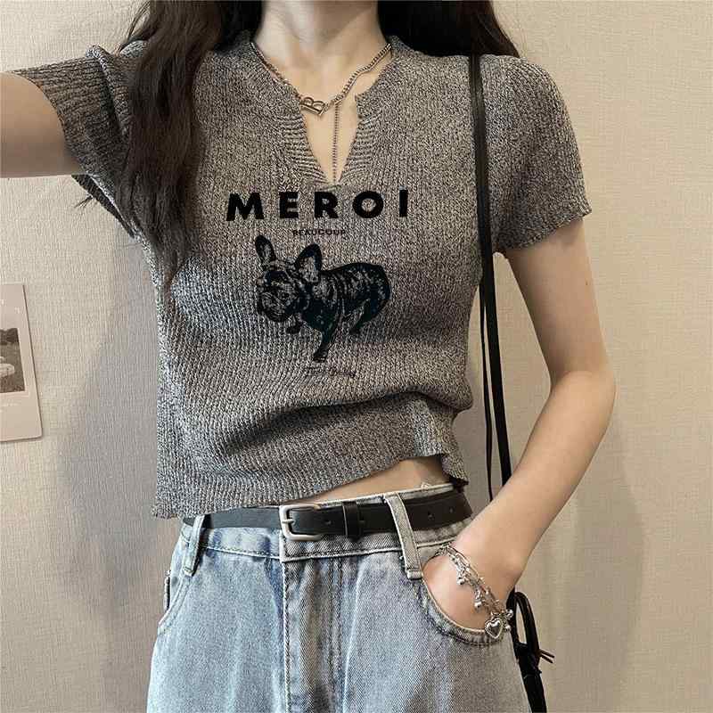 Tシャツ レディース Vネック 半袖 トップス デザイン ニット 小衫 カットソー スリム ショート丈 グレ..
