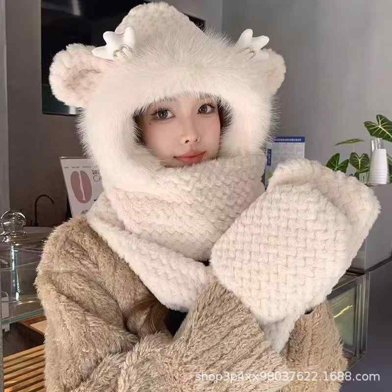 マフラー 帽子 手袋 キッズ ベビー 3点セット 防寒 暖か 耳当て付き かわいい 動物モチーフ 裏起毛 秋冬 ベージュ系