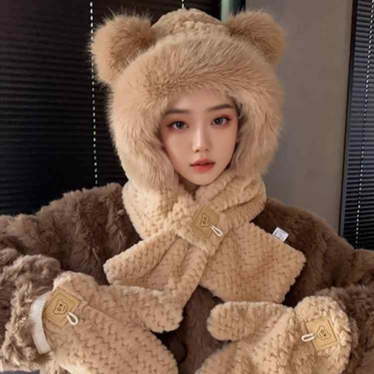 帽子 レディース 秋冬 防寒 イヤーマフ一体型 かわいい クマ耳 手袋 マスク付き 自転車 バイク スキー スノーボード あったか ふわふわ モコモコ