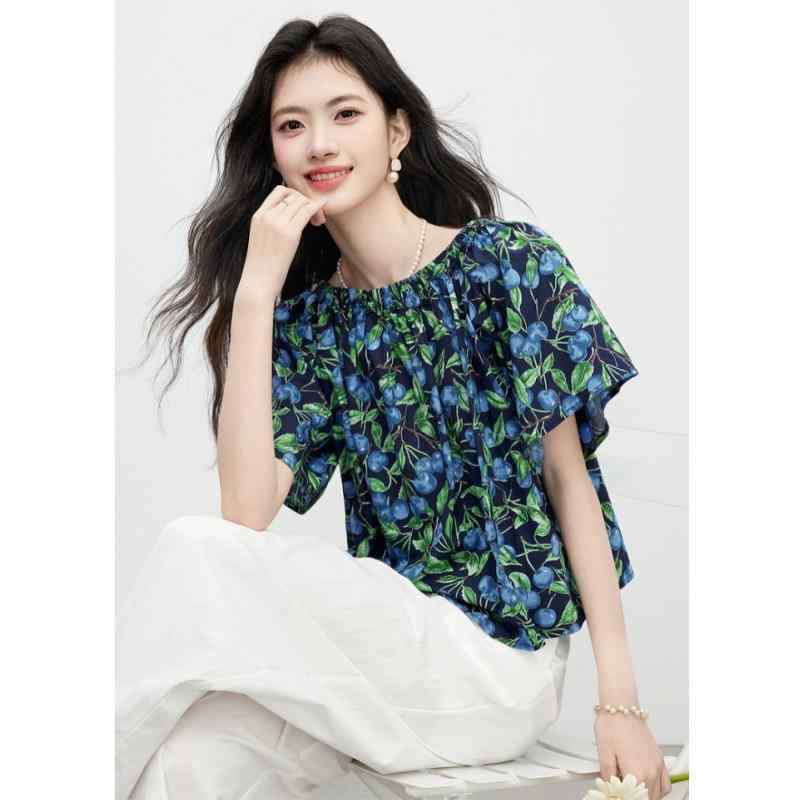 シャツ レディース ブルーベリー柄 ポリエステル 一文字襟 トップス 日韓 カジュアル 半袖 プリント S M L XL 2XL