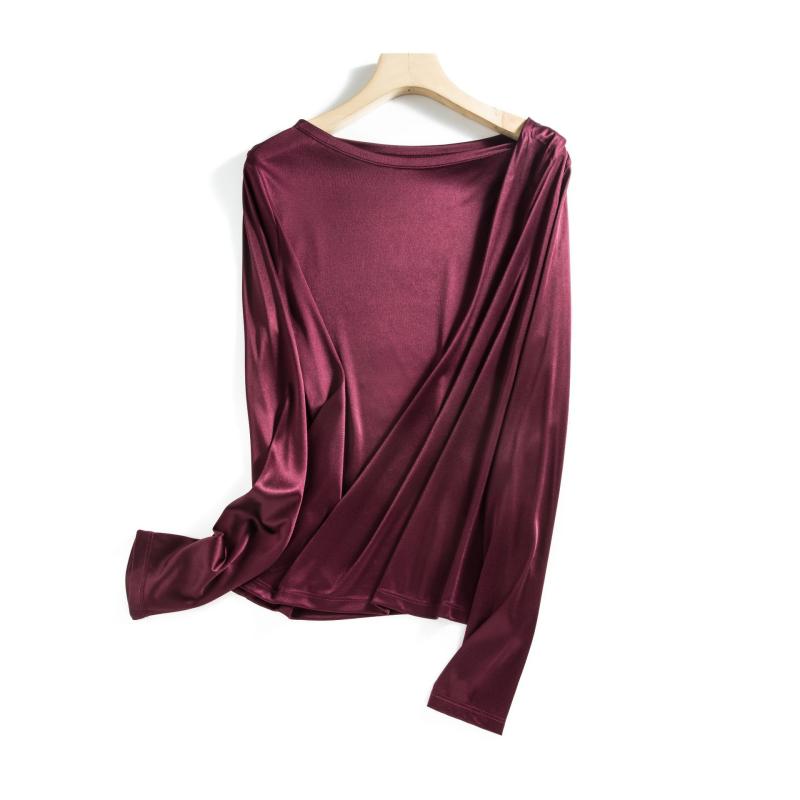 Tシャツ レディース 長袖 無地 シルクタッチ 接触冷感 イージーケア ドレープネック ワンショルダー ブラック シャンパン パープル ミ..