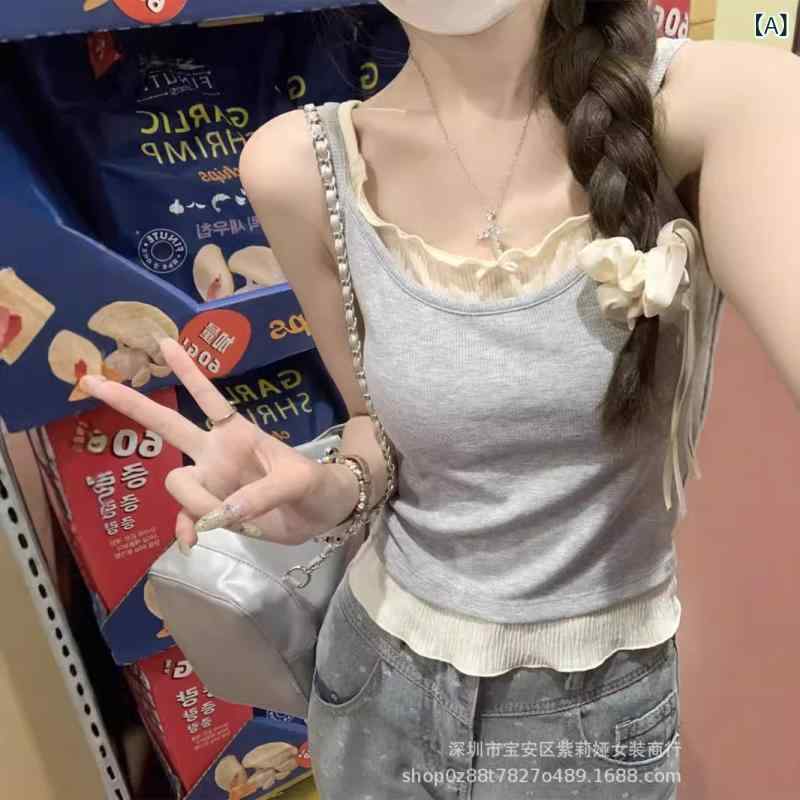 キャミソール レディース デザイン Tシャツ ポリエステル 接触冷感 ノースリーブ トップス ショート丈 春夏 グレー 杏色