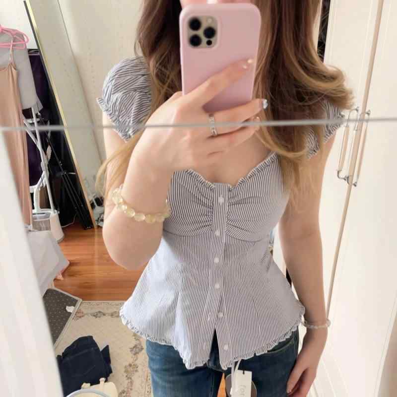 シャツ レディース 半袖 ストライプ トップス ブラウス 2way Vネック パフスリーブ 接触冷感 スリムフィット オフィス カジュアル きれいめ