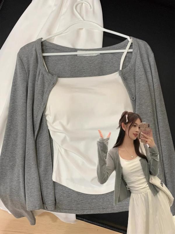 カーディガン レディース 小柄 ニット トップス 半袖 ポリエステル 切り替え 灰色 グレー ホワイト 白 ..