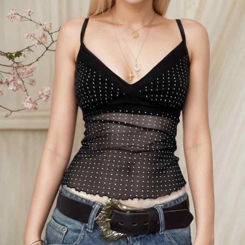 乐天商城 - タンクトップ レディース ドット柄 メッシュ ノースリーブ Vネック タイト セクシー ストリート 普段使い パーティー 春夏 ブラック