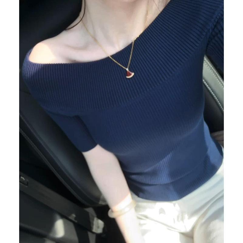 Tシャツ レディース 半袖 一字肩 肩出し トップス ポリエステル 接触冷感 無地 紺色 ブラック