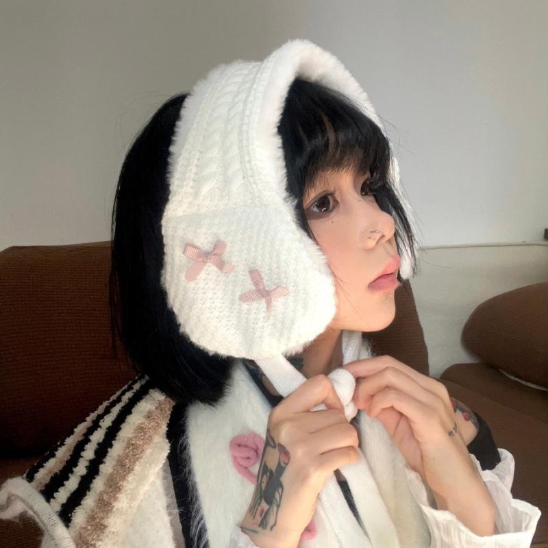 イヤーマフ レディース ニット かわいい リボン 秋冬 防寒 保温 学生 ふわふわ もこもこ 無地 白色 ベ..