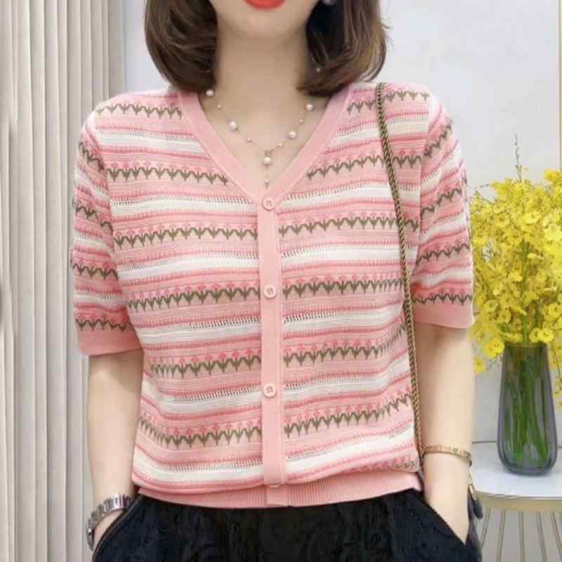 ニット レディース 春 ストライプ柄 Vネック ラウンドネック 7分袖 コットン ゆったり かわいい カジュアル トップス ピンク系