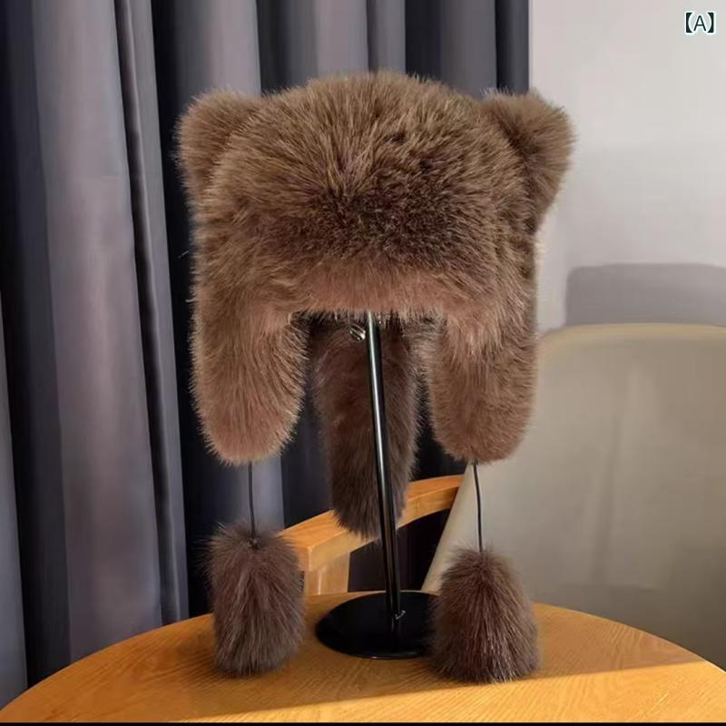 シャドーテールの帽子 レディース 秋冬 プリンセス かわいい 小浣熊 フェイクファー 耳当て 厚手 保温 防寒 カフェオレ ベージュ ブラック ホワイト グレー 花柄｜アングル2