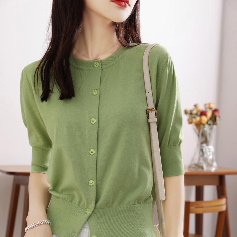 ニット レディース 薄手 カーディガン サマーニット トップス 五分袖 接触冷感 伸縮性 パフスリーブ き..