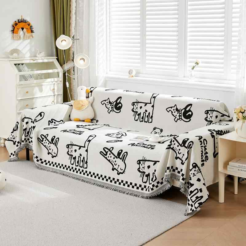 ソファ 厚手シェニール 織 ソファカバー かわいい漫画柄 ソファ保護 傷防止 カートゥーン ベージュ系 ..